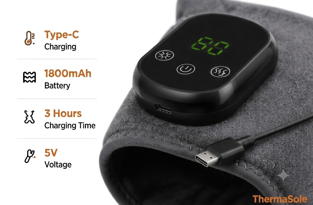 ThermaSole controller close-up with Type-C charging, 1800mAh battery, 3-hour charge time and 5V voltage specs