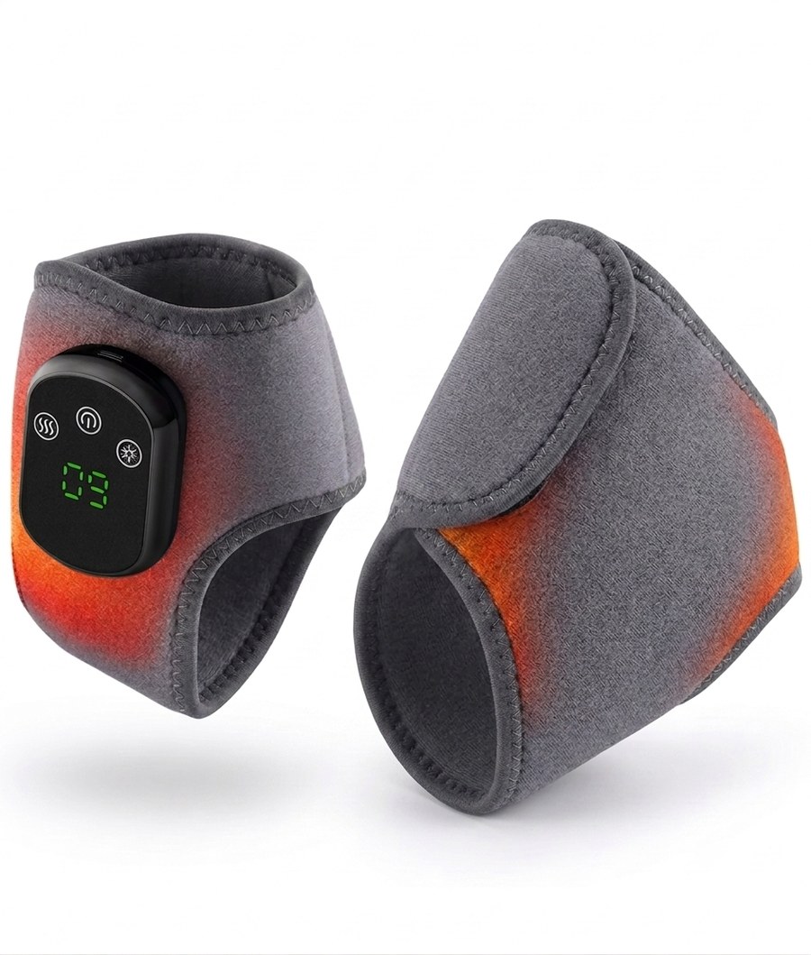 ThermaSole ankle wrap shown closed with the controller and open flat, front and back view