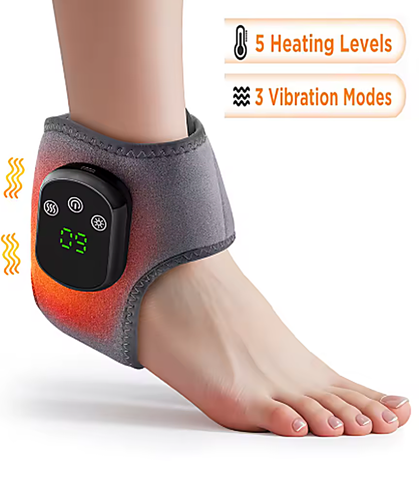 ThermaSole heated ankle wrap glowing warm orange on a foot, showing 5 heating levels and 3 vibration modes