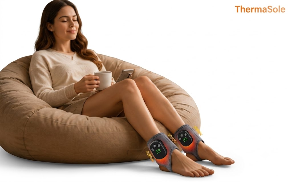 Woman relaxing in a bean bag chair with ThermaSole heated wraps glowing on both ankles