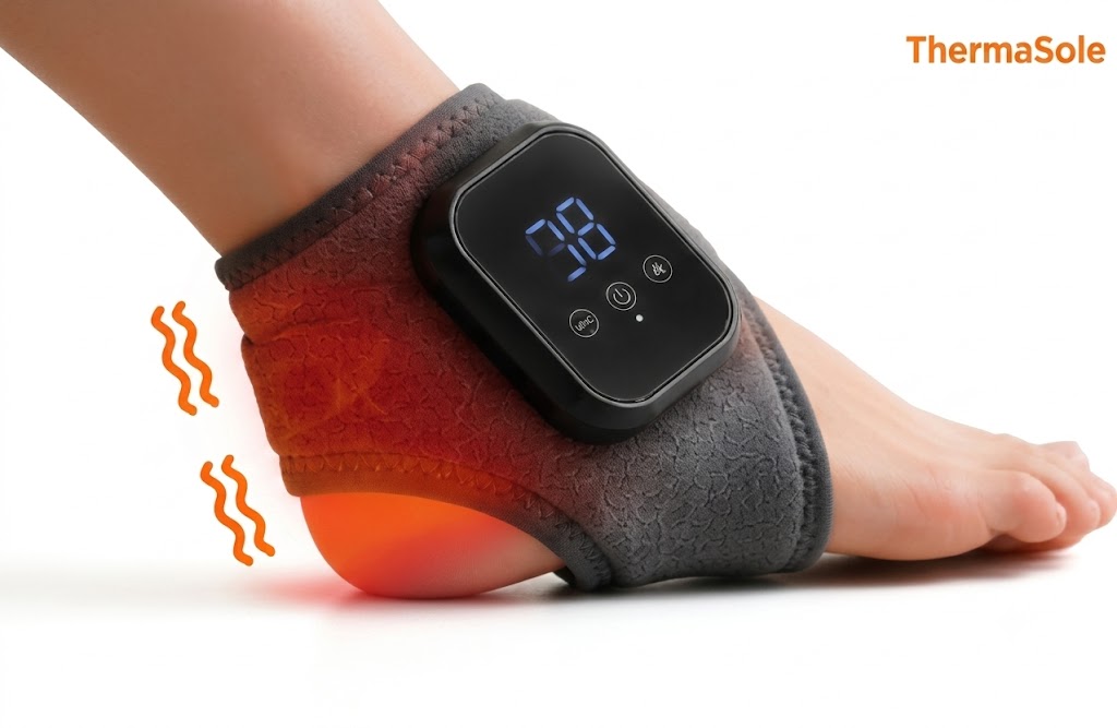 ThermaSole ankle wrap glowing warm orange, display showing 98 degrees, ThermaSole logo