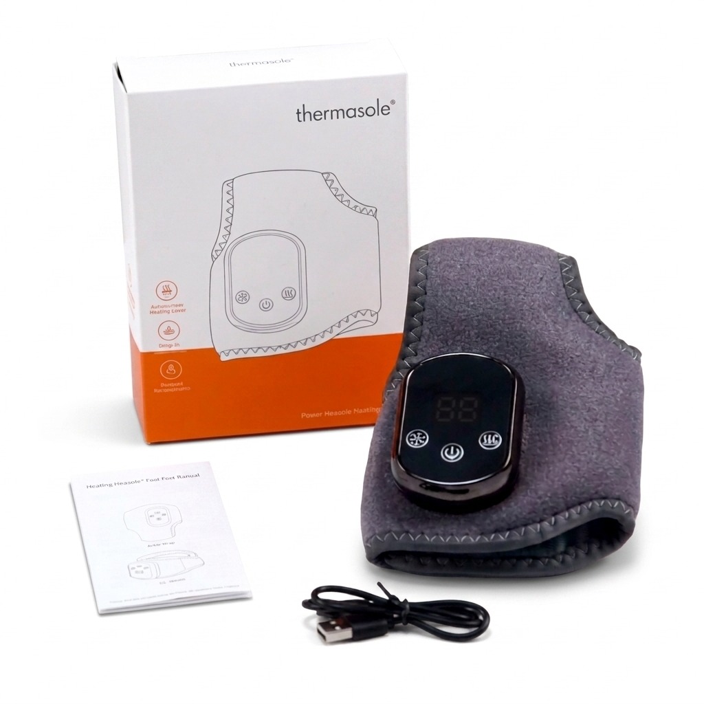 ThermaSole packaging with the wrap, charging cable, and instruction manual