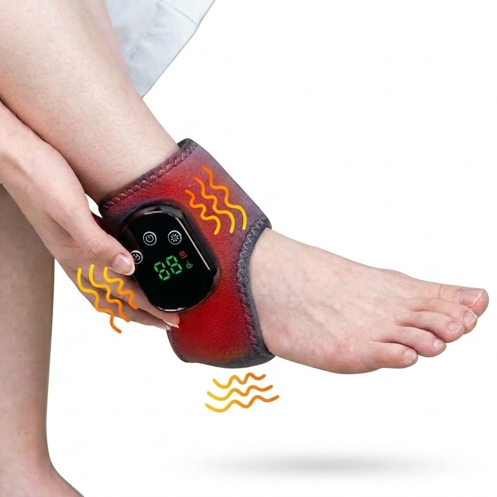 ThermaSole heated wrap glowing warm on an ankle while being adjusted by hand